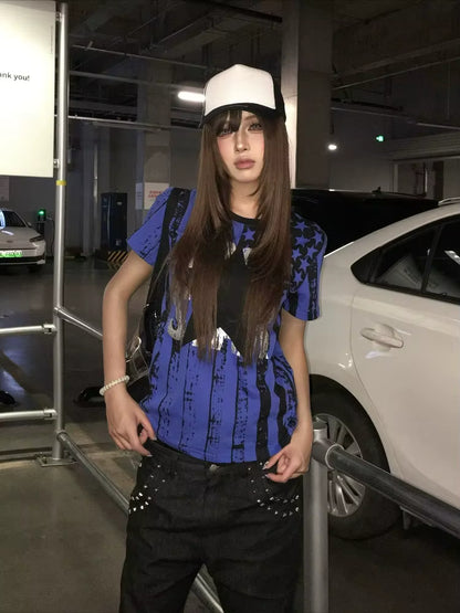 Chic Dollette T Shirts Women Star Printing Vintage Grunge Gothic Y2k Aesthetic Harajuku Tops Short Sleeve Ladies Casual Tee Shirt
