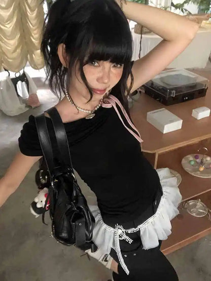 T-shirt Chic Dollette Hotsweet pour femme, haut décontracté, gothique, à manches courtes, style années 2000, mode coréenne, t-shirts, haut d'été pour femme