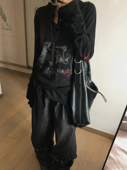 Chic Dollette Vintage Grunge Langarm Casual Loose T-Shirt Top Streetwear 2000er Japanisches T-Shirt Print Grafik-Top
