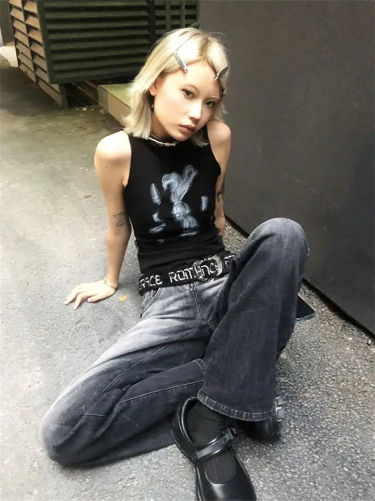 Chic Dollette Hotsweet Tanktop mit Hasenprint Ärmelloses 2000er Jahre Outfit Skinny Gothic Damenbekleidung Koreanische Mode Sommer Weste