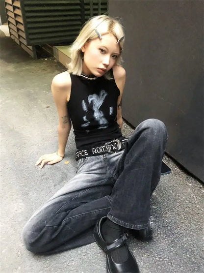 Chic Dollette Hotsweet Tanktop mit Hasenprint Ärmelloses 2000er Jahre Outfit Skinny Gothic Damenbekleidung Koreanische Mode Sommer Weste