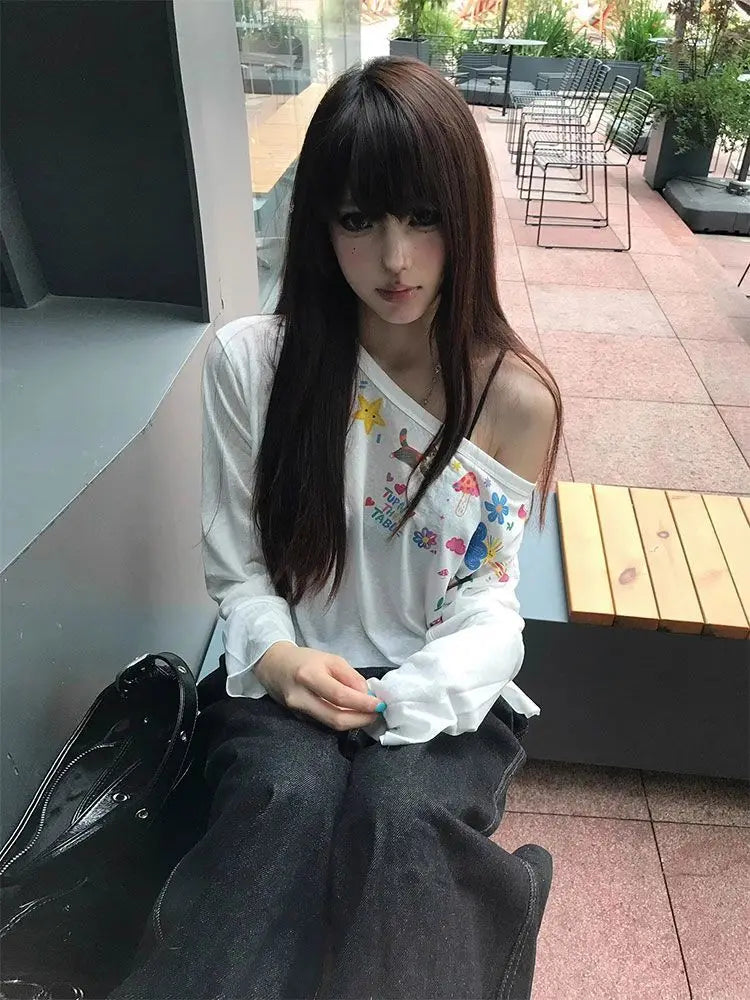 Chic Dollette Hotsweet Langarm-Grafik-T-Shirts Lockerer Schrägkragen Lässiges Oberteil 2000er Kleidung Koreanisches Fashion-Oberteil