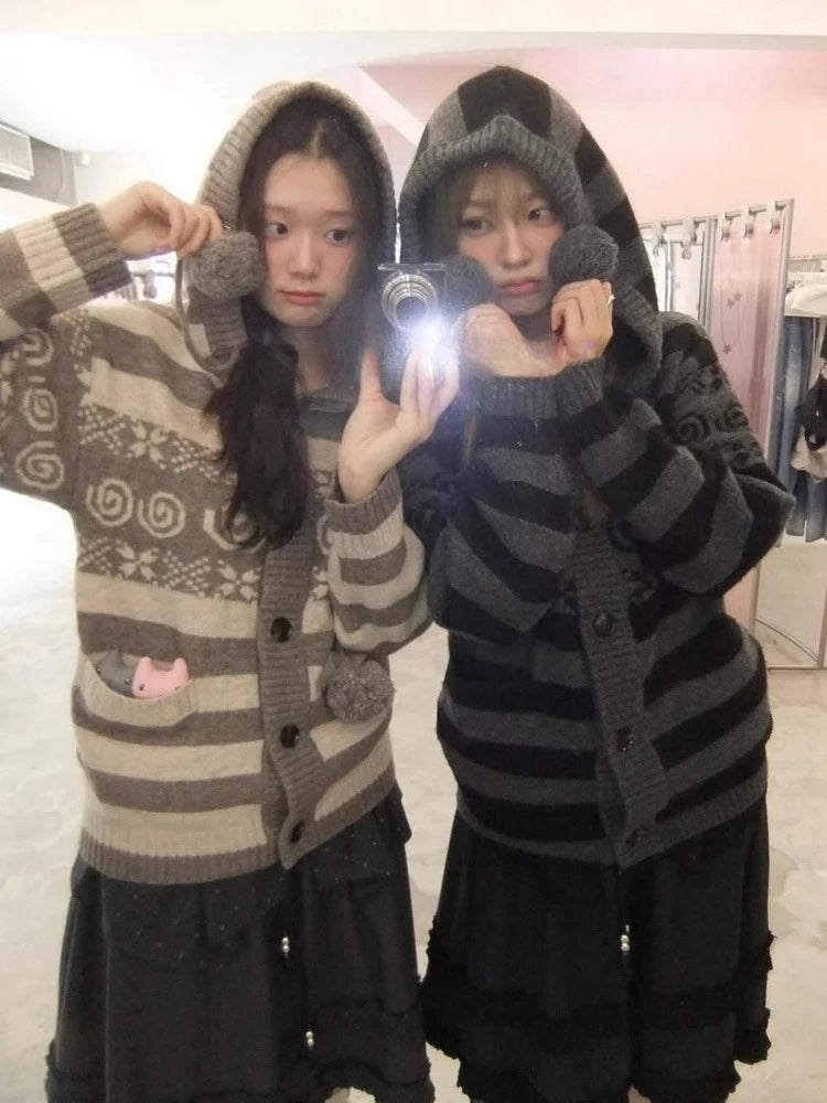 Chic Dollette Autumn Striped Hooded Knitted Sweater Fashion New Casual Cardigan Coat Women Gothic Vintage Women's Clothing