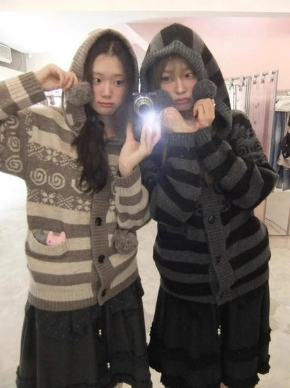 Chic Dollette Autumn Striped Hooded Knitted Sweater Fashion New Casual Cardigan Coat Women Gothic Vintage Women's Clothing