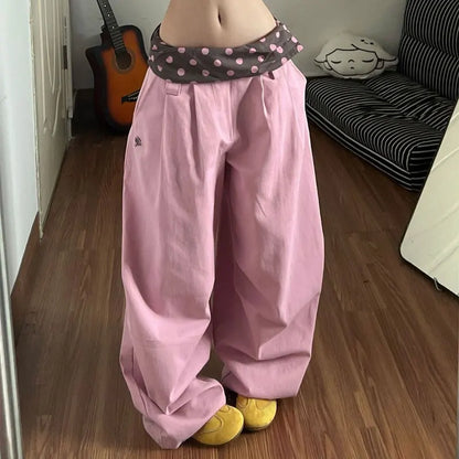Chic Dollette Pink Polka Dot Spliced Trousers Female Clothing Wide Leg Summer High Waist Fashionable Zipper Folds Loose Casual Pants