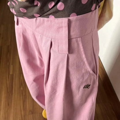Chic Dollette Pink Polka Dot Spliced Trousers Female Clothing Wide Leg Summer High Waist Fashionable Zipper Folds Loose Casual Pants