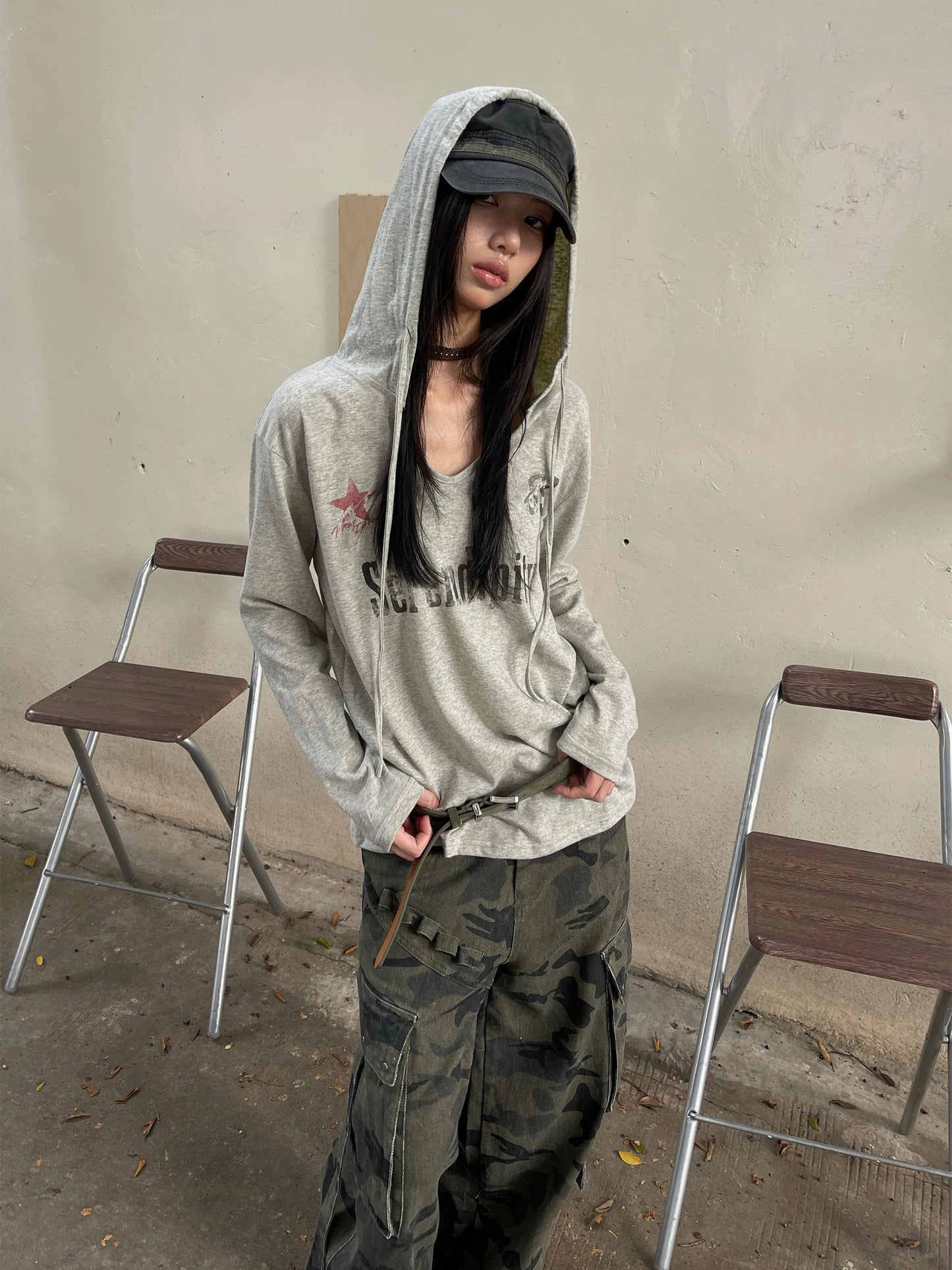 Schickes Dollette Vintage Grafik-Top Langarm Japanisches T-Shirt mit Kapuze Streetwear Amerikanisches Retro Grunge Top E-Girls