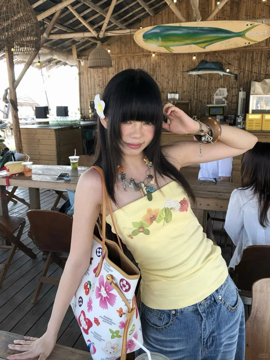 Chic Dollette   Japanese Tank Top Sleeveless Print Graphic Top Streetwear 2000s Sleeveless Crop Top Summer Beach