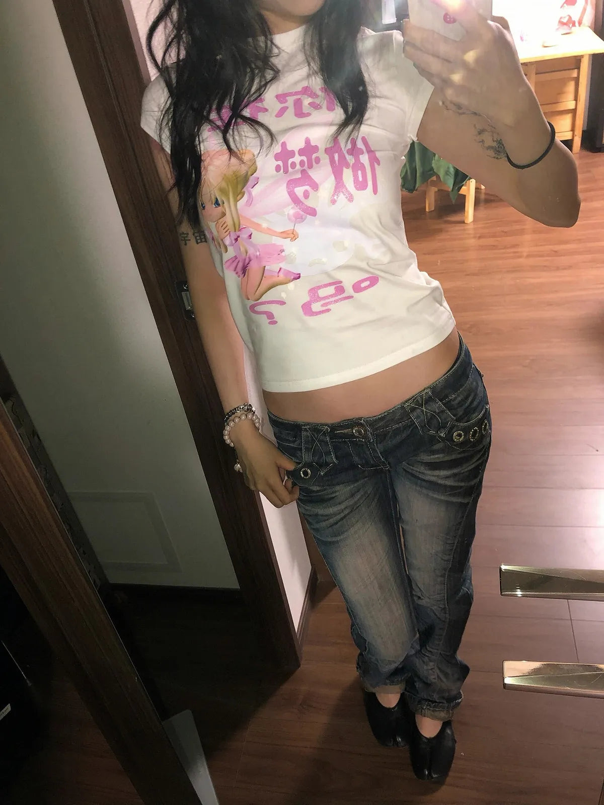 Chic Dollette Y2k Japanese Print Graphic Tops Women Short Sleeve Cotton Tshirts Aesthetic 2000s Funny Casual Vintage Tops Korean