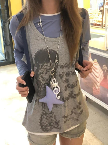 Chic Dollette Two Piece Sets Patchwork Star Printing Long Sleeve T-Shirt + Vintage Cartoon Sleeveless Vest Female Grunge Suit