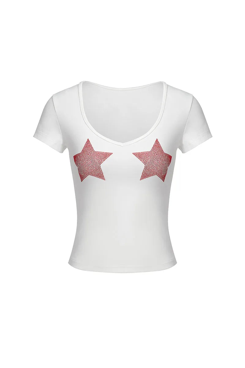 Chic Dollette Hotsweet Pentagram Grafik T-Shirts Damen 2000er Kleidung Schmaler V-Ausschnitt Kurzarm Sommer Oberteil T-Shirts Damen Bekleidung