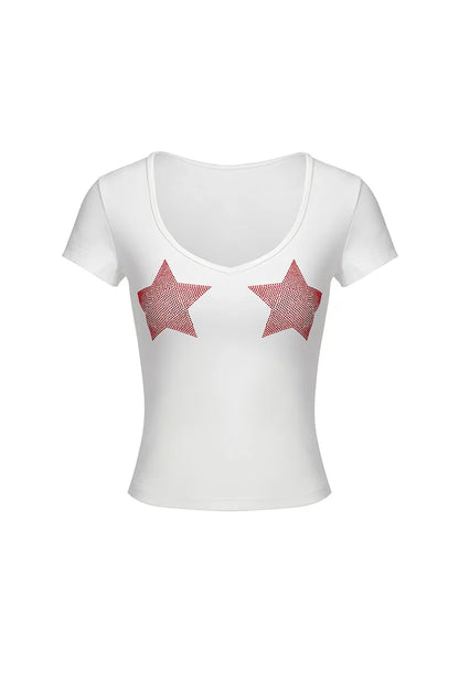 Chic Dollette Hotsweet Pentagram Grafik T-Shirts Damen 2000er Kleidung Schmaler V-Ausschnitt Kurzarm Sommer Oberteil T-Shirts Damen Bekleidung