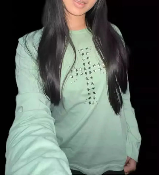 Haut court à manches longues ras du cou, t-shirt gothique vintage Chic Dollette, étoiles et diamants, pour femmes, style Emo Streetwear 2000s, haut d'été