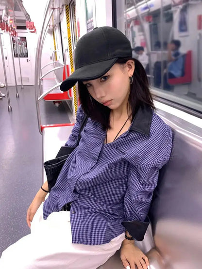 Chic Dollette Korean 2000s Shirt Patchwork Plaid Casual Shirts Long Sleeve  Japanese Shirts And Blouses Vintage Unique Top