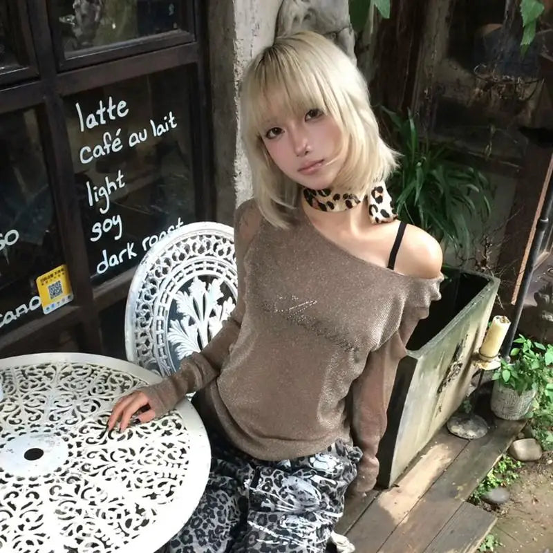 Schickes Dollette Grunge Mesh Top Japanisch 2000er Langarm-T-Shirt Durchsichtig Vintage-Print Grafik-Top Streetwear