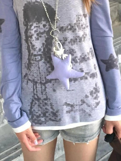 Chic Dollette Two Piece Sets Patchwork Star Printing Long Sleeve T-Shirt + Vintage Cartoon Sleeveless Vest Female Grunge Suit