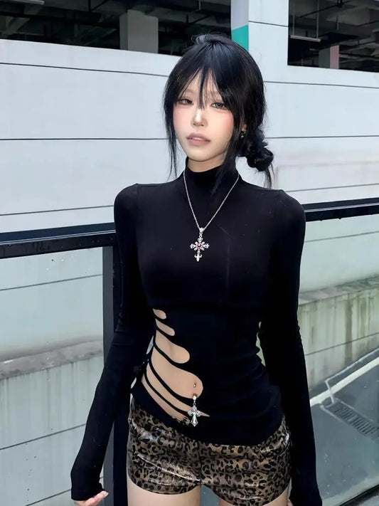 T-shirt Chic Dollette Hotsweet avec découpes, coupe ajustée, manches longues, vêtements des années 2000, mode coréenne, vêtements pour femmes, col roulé, haut chic