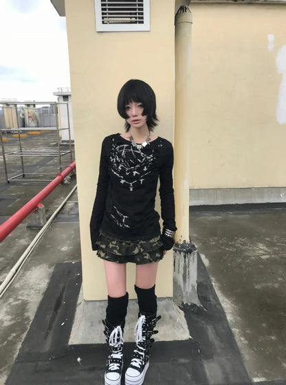 Schickes Dollette Gothic Vintage T-Shirt Langarm Broken Print Grafik Top Japanisches 2000er Grunge Top Streetwear Tee Top
