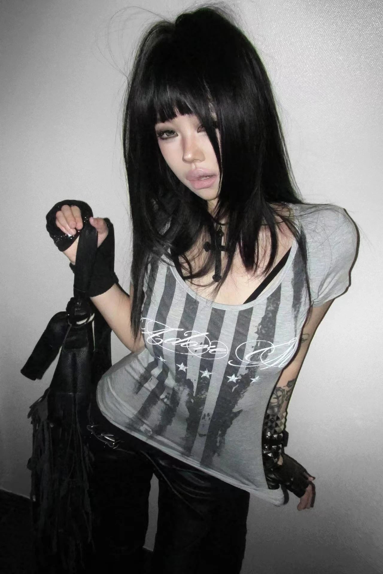 Chic Dollette Striped Letter Print T-shirt Grunge Aesthetics Short Sleeve Tee Shirt Vintage Punk Streetwear American Retro