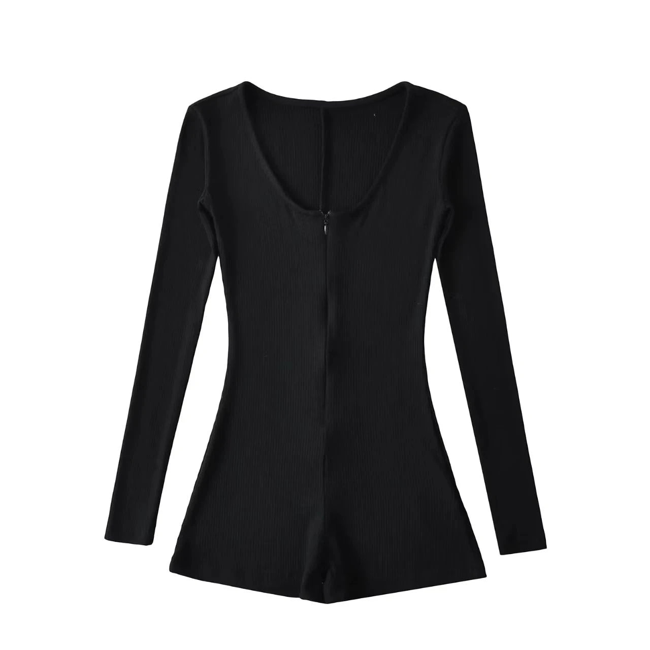 Chic Dollette Schwarzer Slim Romper für Langarm-T-Shirt Herbst Reißverschluss-Einteiler Sexy Overall für Damen
