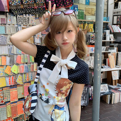 Chic Dollette Anime 2000s Short Sleeve Patchwork Top