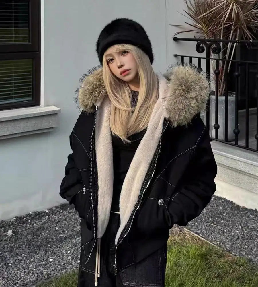 Chic Dollette Winterjacken Pelzkragen Parkas Vintage Thicken Fleece Warme Jacken Streetwear Harajuku Hip Hop Gepolsterte Chic Oberbekleidung
