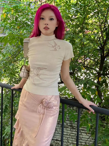 Chic Dollette Chinesischer Stil Grafik T-Shirts Rollkragen Kurzarm Slim 2025 Sommer Top T-Shirts Damen Kleidung 2000er Kleidung