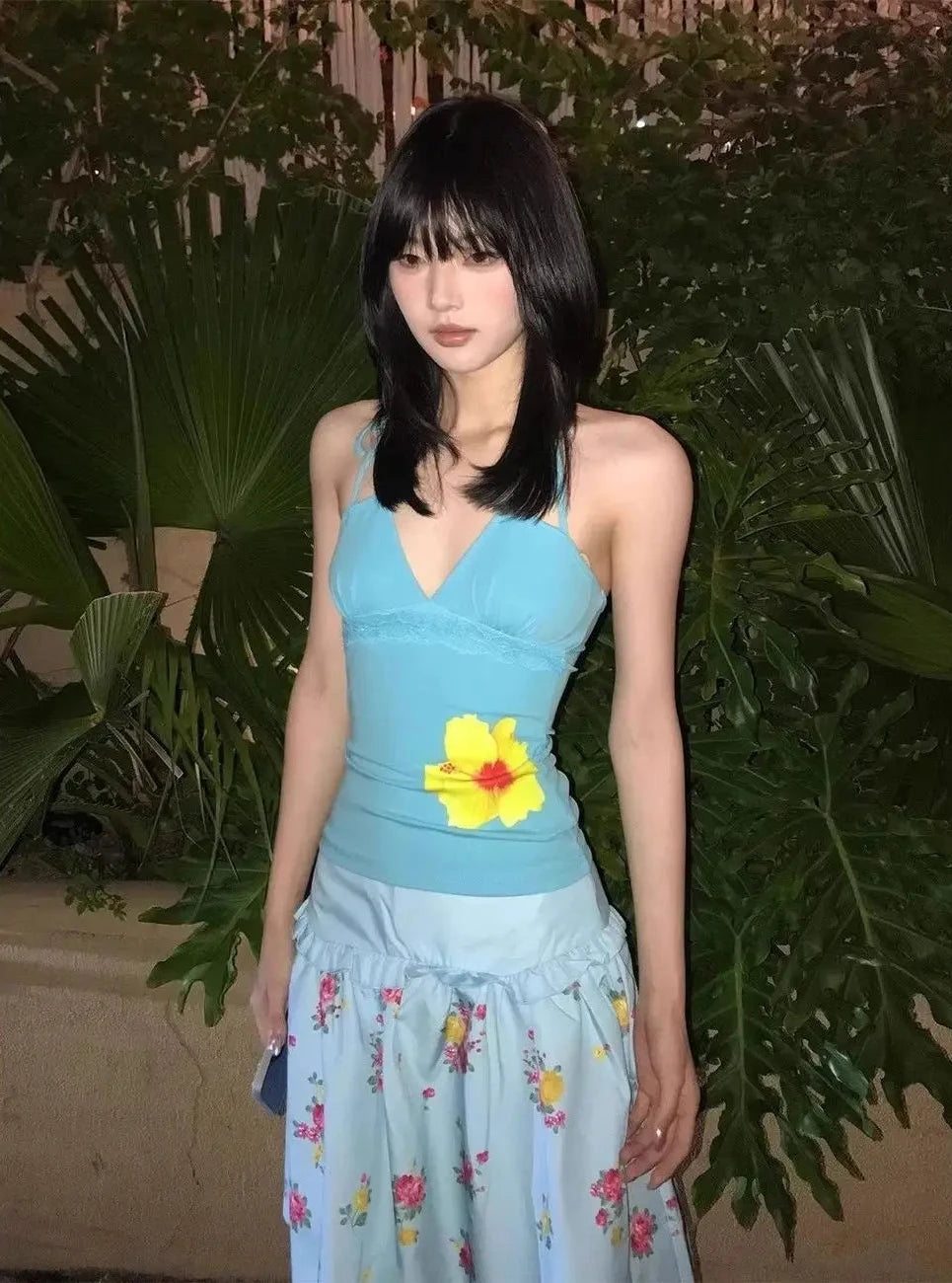 Chic Dollette Floral Print Halter Top Women Casual  Beaded Straps Lace Trim Slim Fit Tees Japnese Harajuku Streetwear 2026 Summer