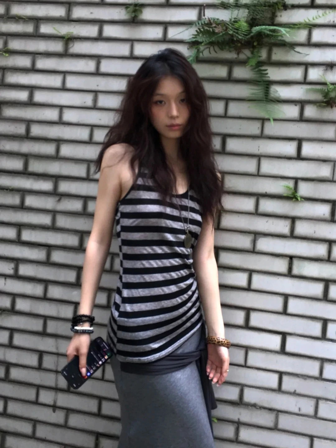 Chic Dollette American Retro Tanktop Gestreifte ärmellose T-Shirts Japanisches Neckholder-Top Rückenfreies Streetwear Grunge Top