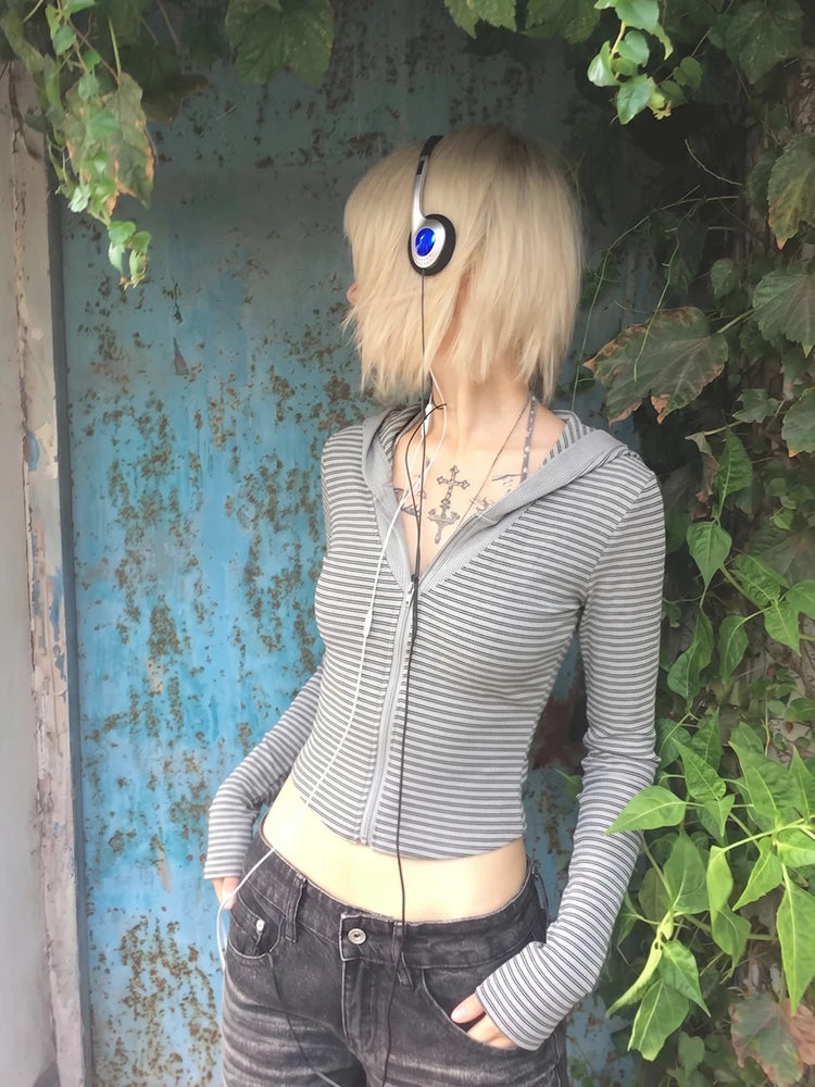 Chic Dollette American Retro Striped Zip-up Hoodie