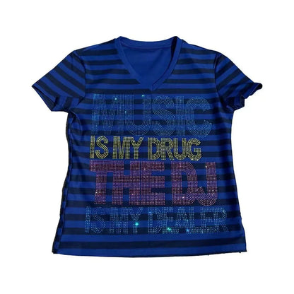 Chic Dollette Stripe Vintage Punk T-shirt Women Streetwear Grunge Letter Rhinestone Tshirts 2026 Summer Streetwear Casual Tees