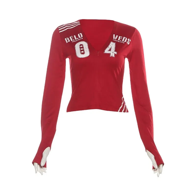 Chic Dollette Casual Fashion T-Shirts Woman Letter Print Zip V-Neck Full Sleeve Navel Exposed Daily Street Sporty Style Classic Tops