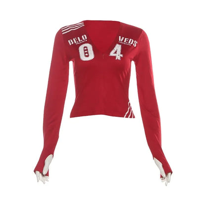 Chic Dollette Casual Fashion T-Shirts Woman Letter Print Zip V-Neck Full Sleeve Navel Exposed Daily Street Sporty Style Classic Tops