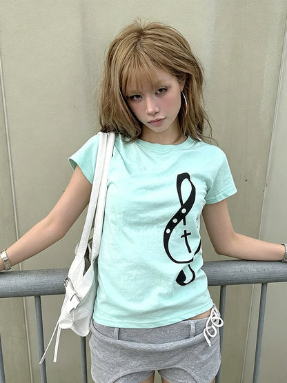 Chic Dollette Korean Style Music Note Print T Shirt Women Short Sleeve Cotton T-shirt Y2k Vintage Graphic Tops Japanese 2000s Tee