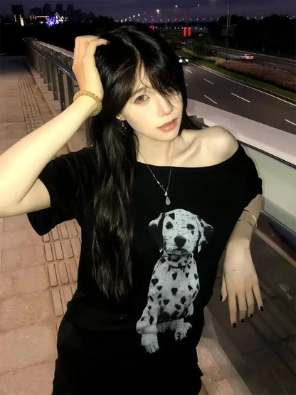 Chic Dollette Hotsweet T-Shirt Print Locker Kurzarm T-Shirt Tier Schräger Kragen Top 2000er Kleidung Koreanische Mode Damenbekleidung