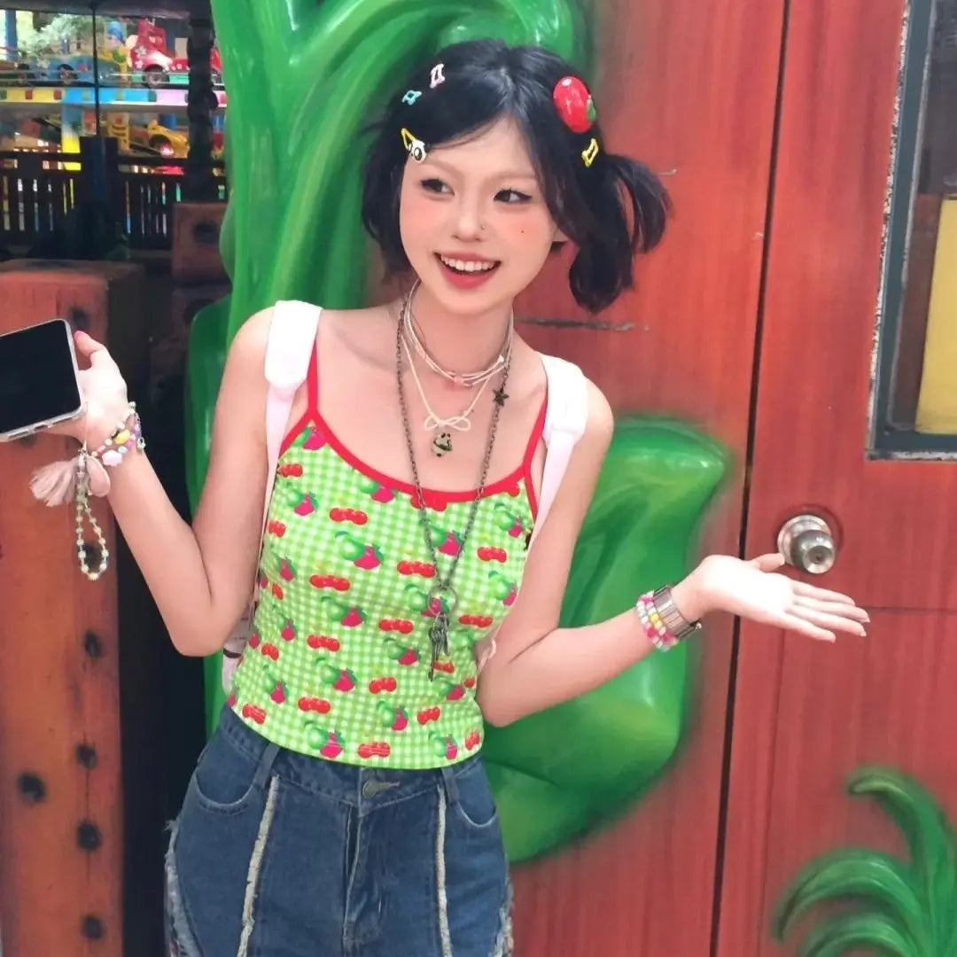 Schickes Dollette Harajuku Tanktop Ärmelloses bedrucktes Patchwork Neckholder Crop Top Vintage Top Streetwear 2000er Japanischer Sommer
