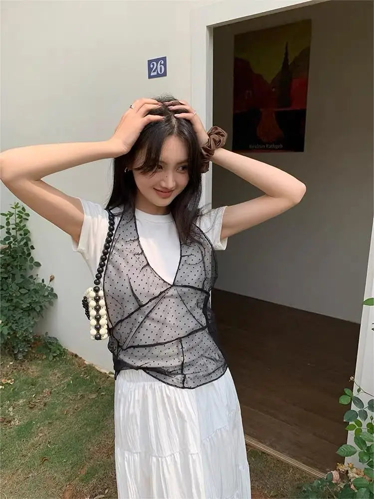 Schickes Dollette Vintage Tanktop gepunktet ärmelloses Tanktop Retro Crop Top Streetwear 2000er koreanischer Stil Sommer Mesh Top