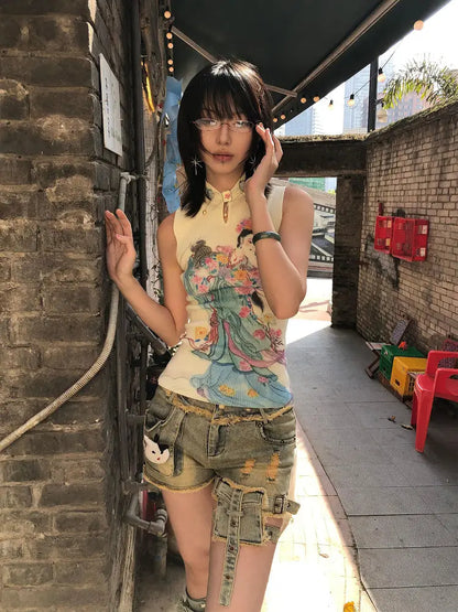 Chic Dollette Chinesischer Stil Tank Top Aushöhlen Skinny Weste 2000er Kleidung Blumenfee Druck Damen Ärmellos Koreanisches Mode Top