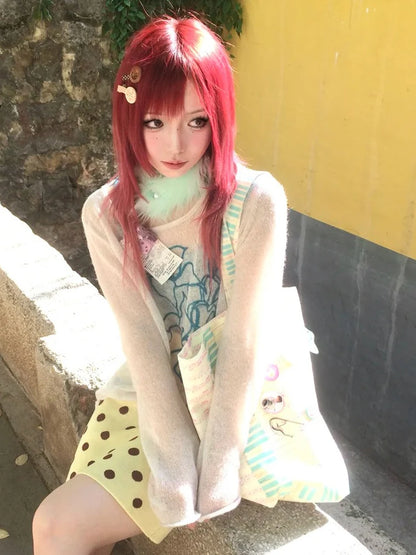 Chic Dollette Harajuku Print Graphic Tops See Through Y2k Aesthetic T-shirt Women Japanese 2000s Fairycore Tee Top Korean Style Tops
