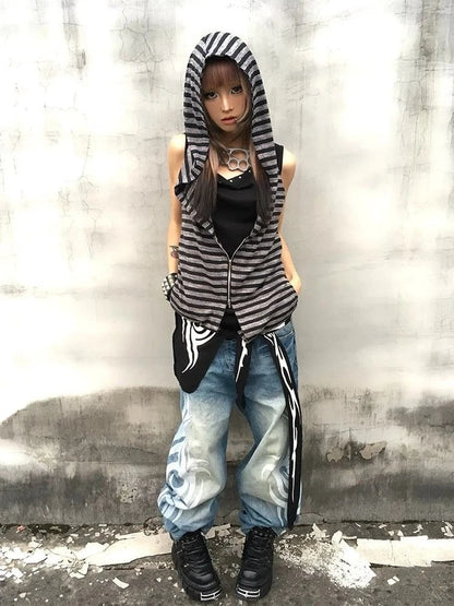 Chic Dollette Hooded Tank Top Harajuku Stripe Patchwork Grunge Camisole Streetwear Casual Women Zipper Vest