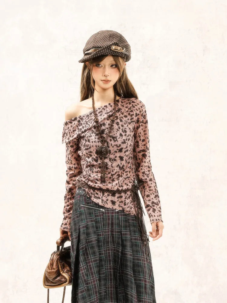 Chic Dollette Japanisches T-Shirt Off Shoulder Leopard Print Grafik-Top 2000er Grunge Top Amerikanische Retro T-Shirts