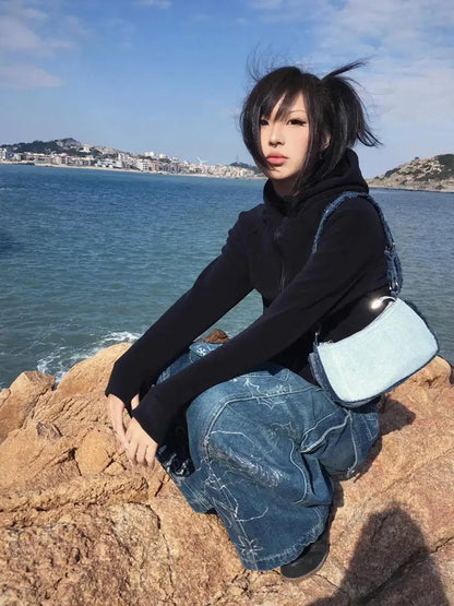 Chic Dollette Sweatshirt noir décontracté à capuche manches longues japonais Manteau d'hiver basique rétro américain Sweat à capuche Streetwear E-girl