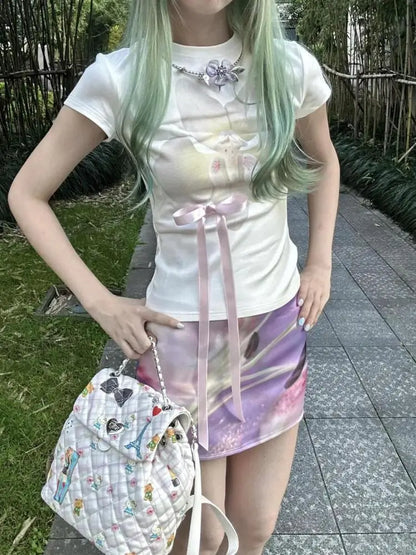 T-shirts Femme Chic Dollette Imprimé Floral Manches Courtes Nœud Style Japonais Années 2000 Vêtements T-shirts Moulants Vêtements Féminins