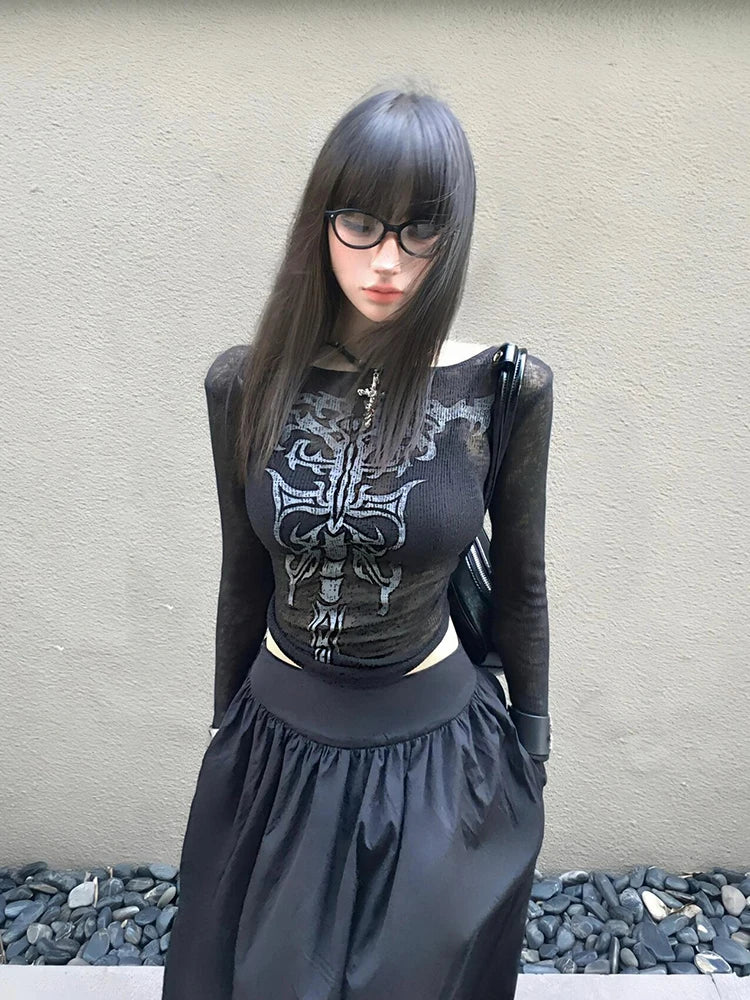 Schickes Dollette Schwarzes Transparentes Grafik-T-Shirt Kleidung Langärmlig Gothic Koreanische Mode 2000er Kleidung T-Shirts Damenbekleidung