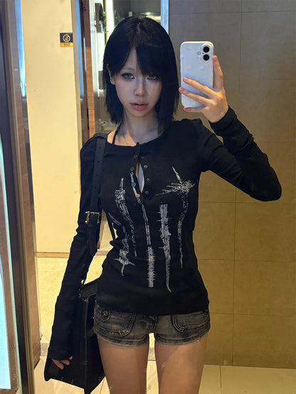 Chic Dollette Japanisches T-Shirt Aushöhlung Print Grafik Top Streetwear Vintage Grunge Top Amerikanische Retro T-Shirts 2000er
