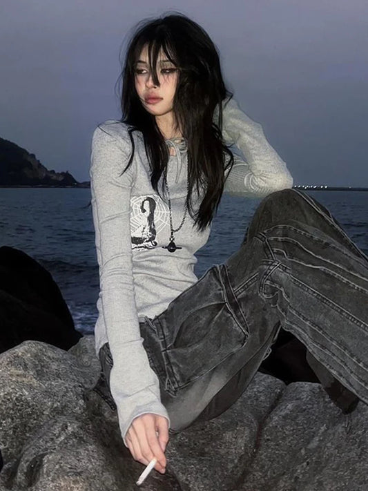 T-shirt Chic Dollette vintage à manches évasées imprimé graphique, haut streetwear à lacets, t-shirt rétro américain E-girls