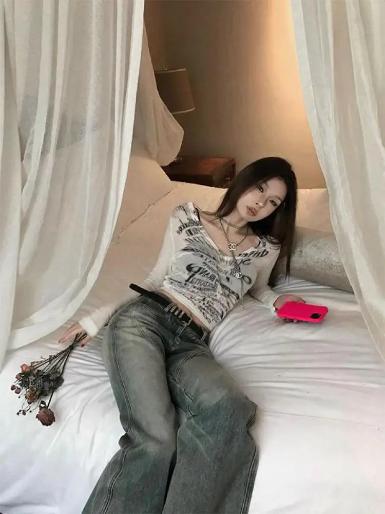 Chic Dollette Vintage T-Shirt Skinny Mesh Top Streetwear Funny T-Shirts Grunge Crop Top Japanische 2000er Jahre Tee Top