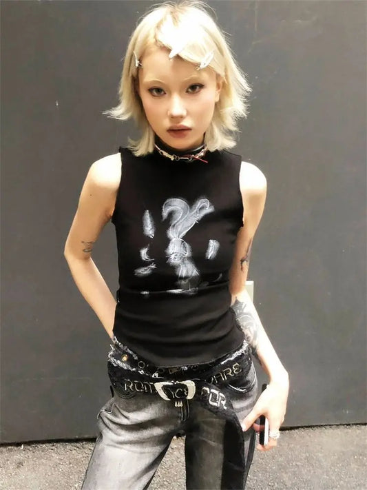 Débardeur Chic Dollette Hotsweet Imprimé Lapin Sans Manches Vêtements Années 2000 Skinny Gothique Femme Mode Coréenne Gilet d'Été