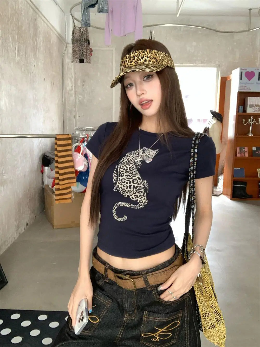 Chic Dollette Sexy Top Grafik-T-Shirts Leopard Print Kurzarm-T-Shirt O-Ausschnitt Skinny Tees 2000er Kleidung Koreanische Modekleidung