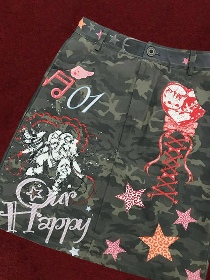 Chic Dollette Petite Y2k 3D Digital Print Camouflage Skirt Retro Punk Graffiti Star High Waist Slit Knee Long Skirt Women Streetwear